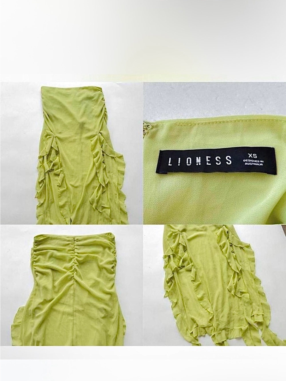 Lioness Lime Chiffon Maxi Skirt with Asymmetrical Hem, Ruching, and Ruffles - Picture 8 of 9